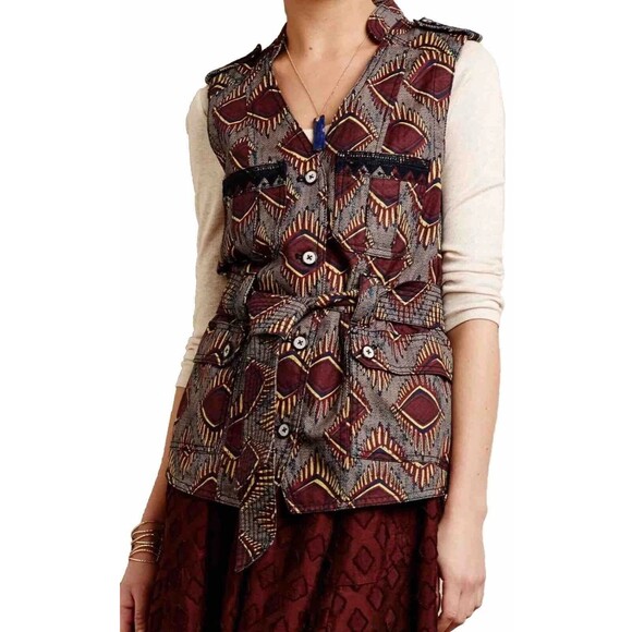 Anthropologie Elevenses Geo Safari Vest Women Size Small Utility Pockets Belt - Picture 1 of 12